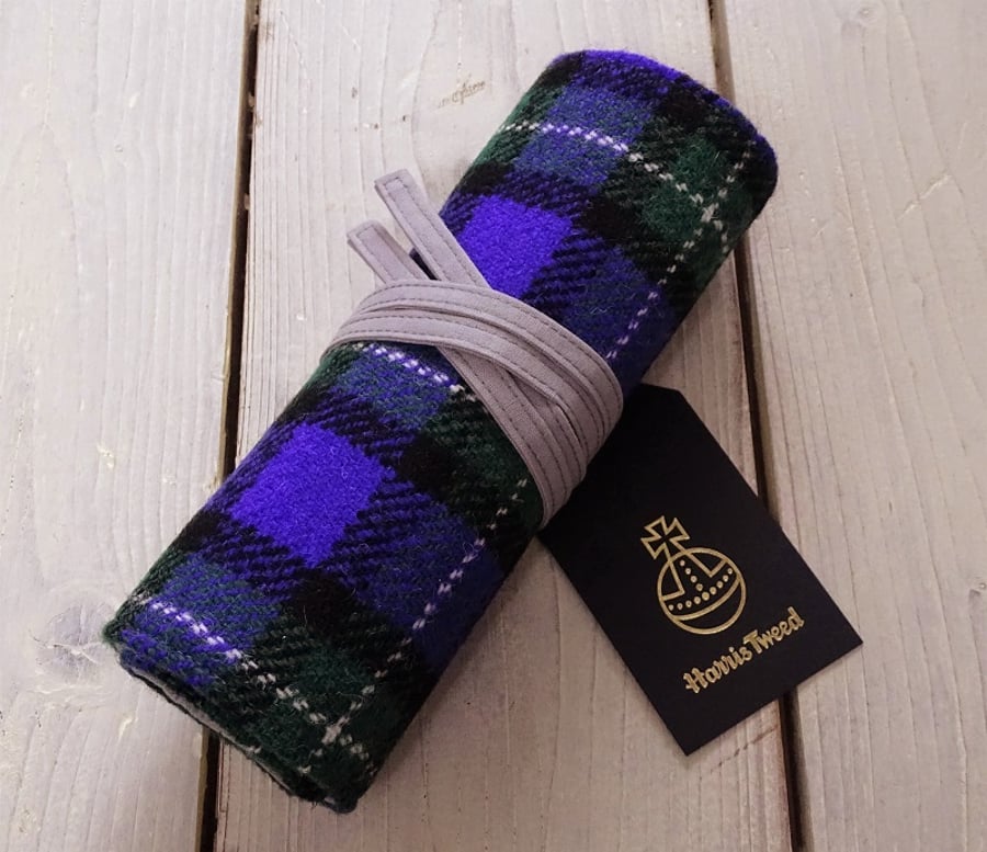 Harris Tweed pencils roll in purple and green tartan. With or without pencils
