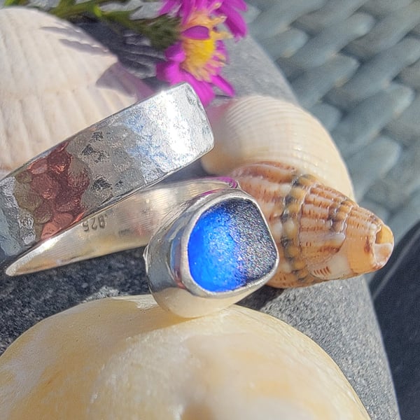 Blue seaglass ring - adjustable 