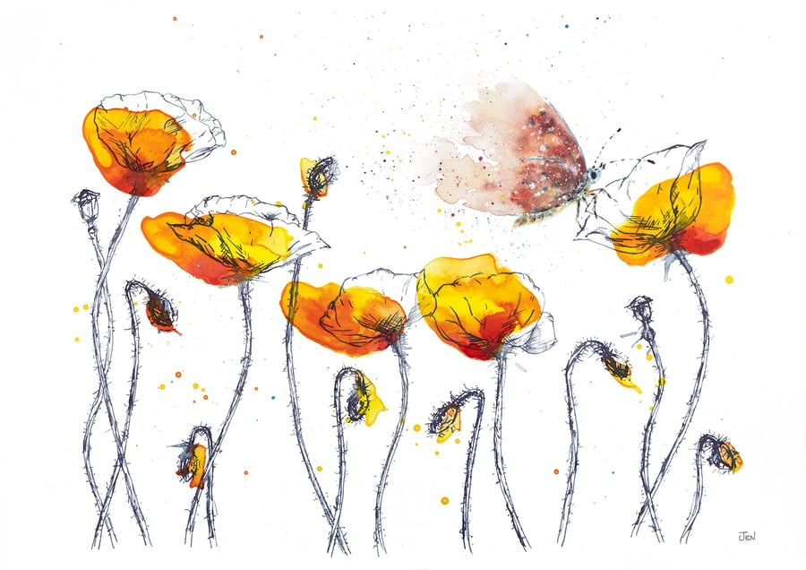 Butterfly on Yellow Poppies watercolour print, flower painting, ink drawing