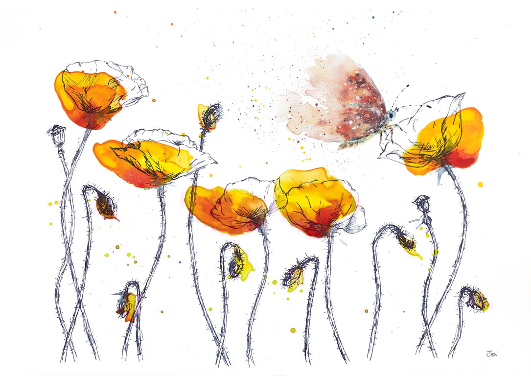 Butterfly on Yellow Poppies watercolour print, flower painting, ink drawing