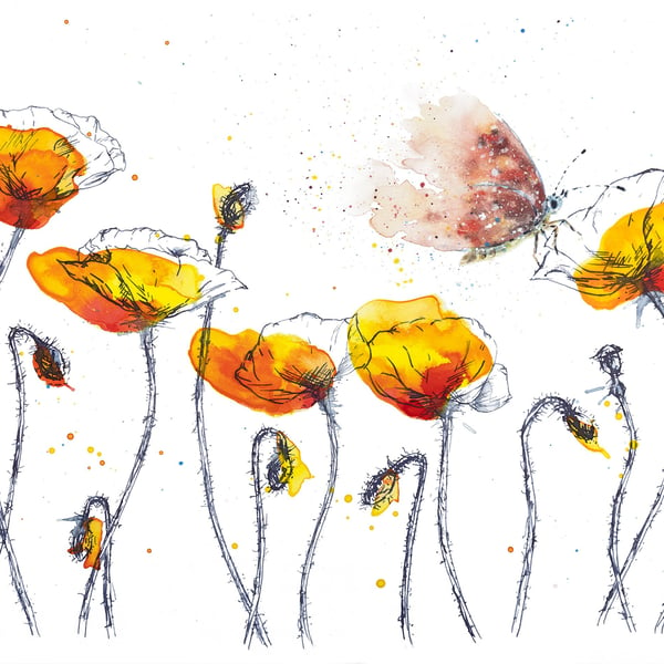 Butterfly on Yellow Poppies watercolour print, flower painting, ink drawing