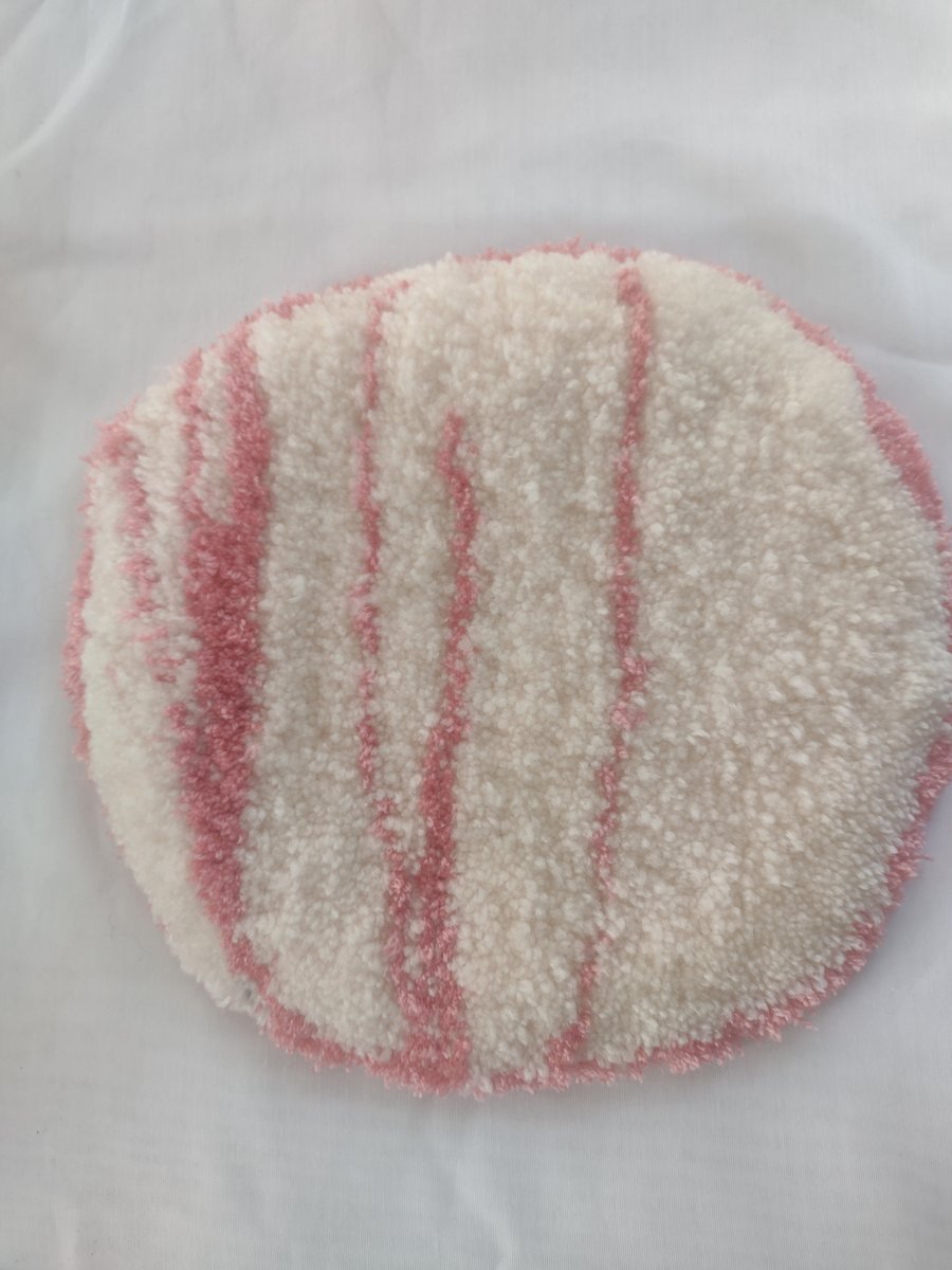 Handmade Tufted Bedside Rug – Coral Pink & White Striped – Soft Acrylic Yarn
