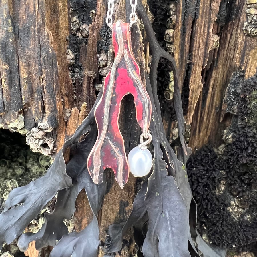 Copper and silver Seaweed and Freshwater Pearl Earrings