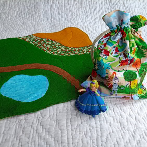 Felt playscape - reversible meadow and fairytale landscape with toy bag