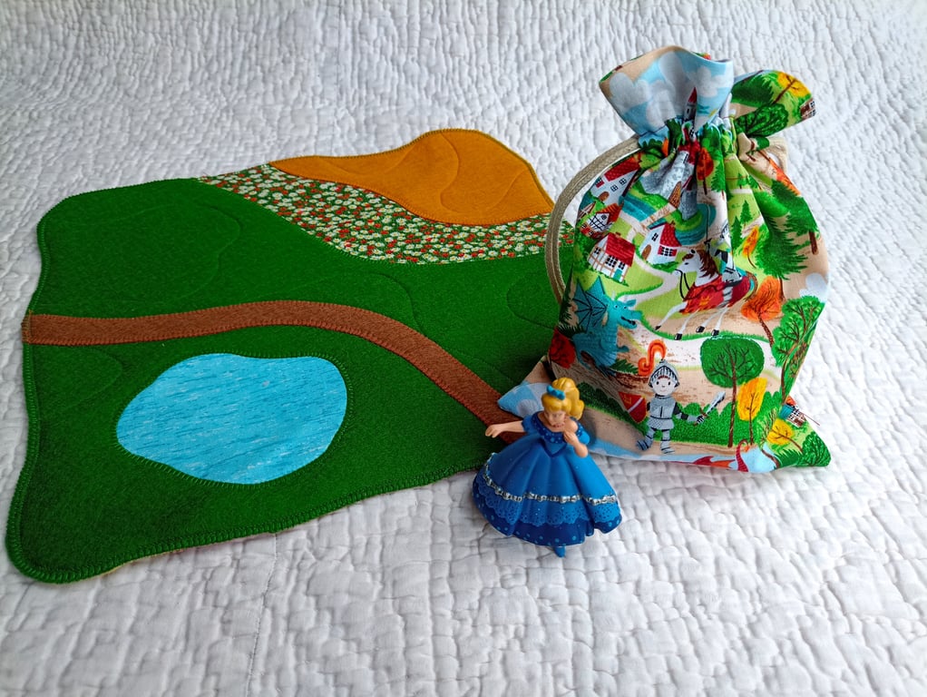 Felt playscape - reversible meadow and fairytale landscape with toy bag