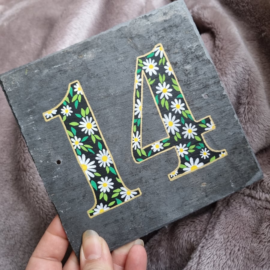 Hand Painted, Floral Daisy Print, House Number Address Sign
