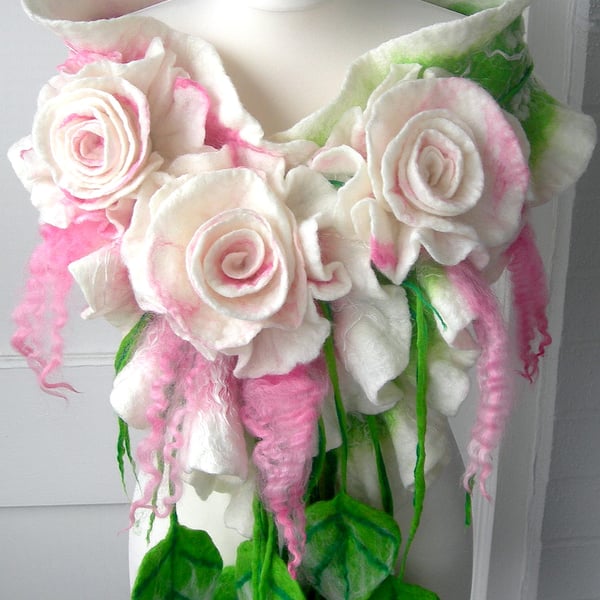 Hand Felted, Wool felted Woman DOUBLE WAVED Wrap SCARF AND brooch-ROSES--