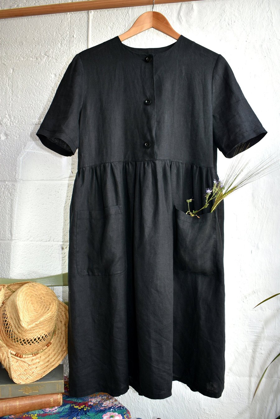 Handmade 'Free Spirit' Black Pure Irish Linen Loose Gathered Sack Dress 