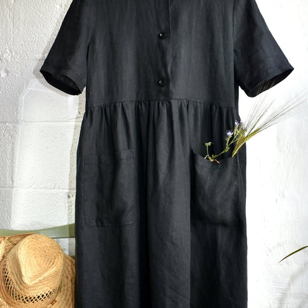 Mori Style Black Pure Irish Linen Loose Gathered Dress 