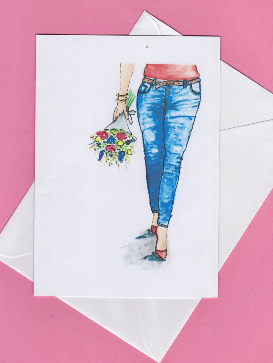 Flower Bouquet and Girl in Jeans CARD from my original painting 