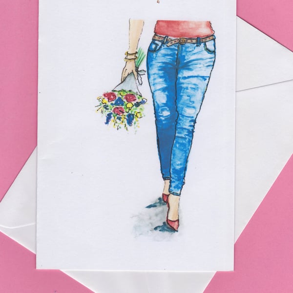 Flower Bouquet and Girl in Jeans CARD from my original painting 