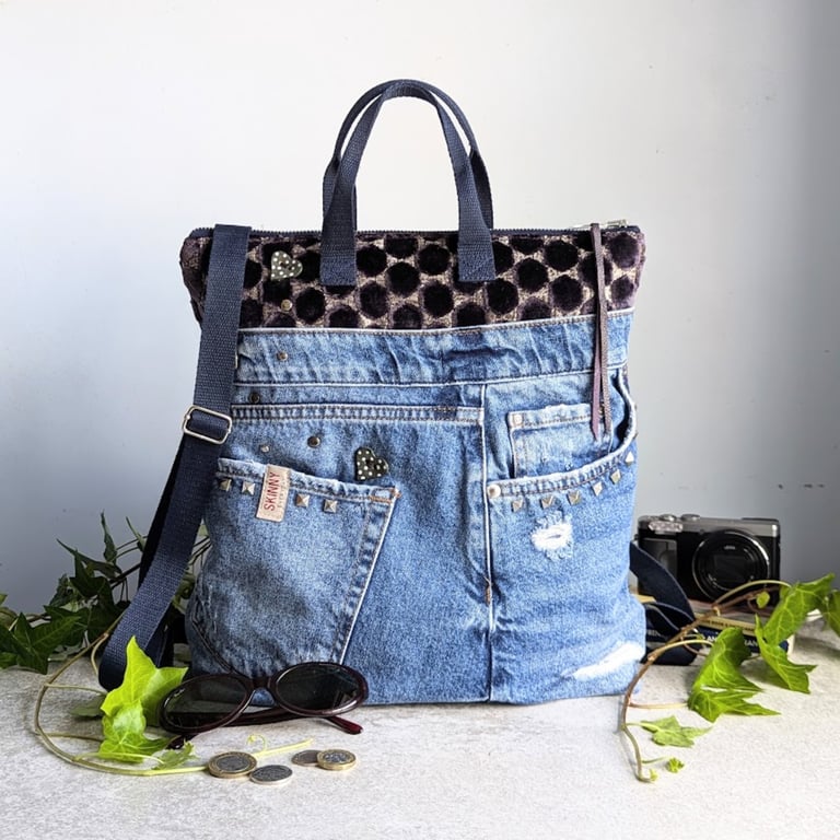 Denim and Chenille Backpack with Handmade Button Detailing