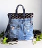 Denim and Chenille Backpack with Handmade Button Detailing
