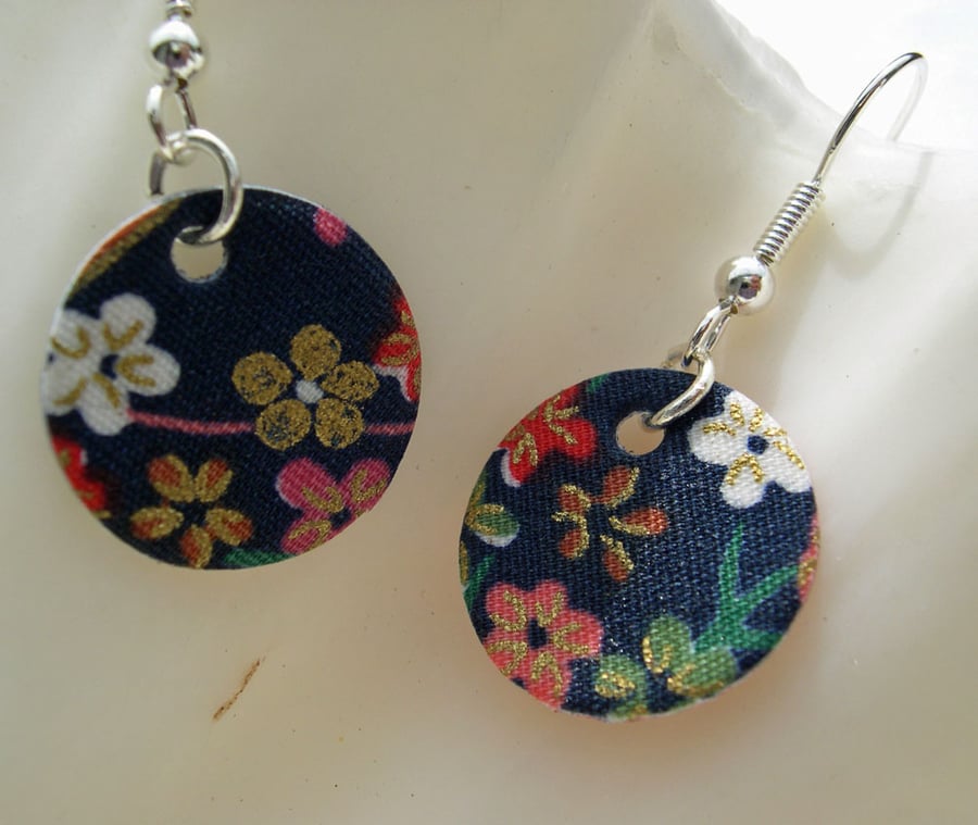 Hardened Chinese Blue Floral Disc Earrings