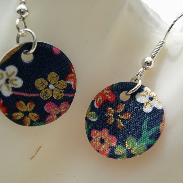 Hardened Chinese Blue Floral Disc Earrings