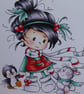 Little Girl with Penguin and Rabbit Christmas Card - Happy Christmas - Image 6