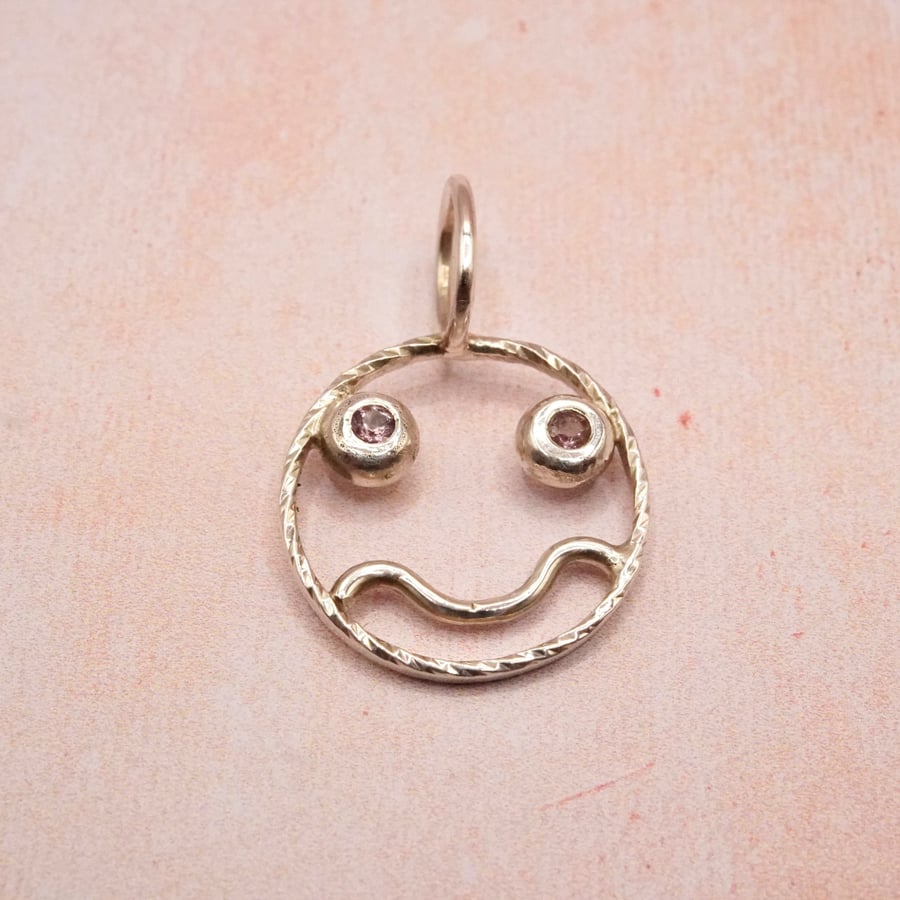 Sterling Silver Smiley Face Pendant with Garnet Handmade