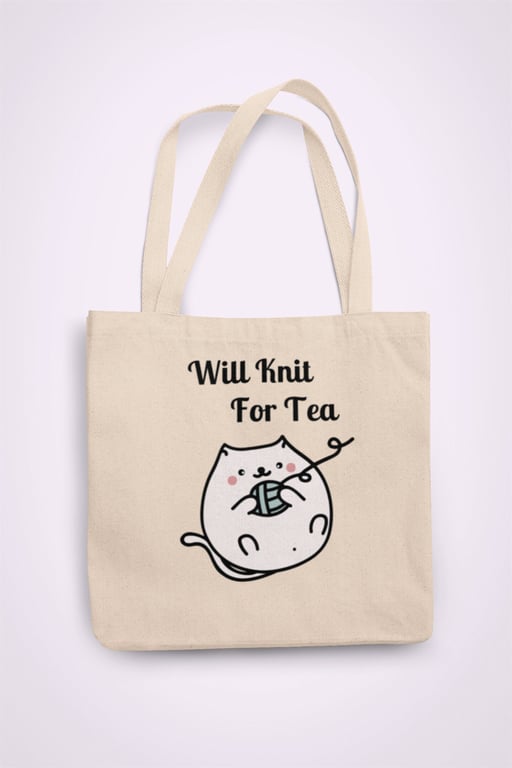 Will Knit for Tea Cat Tote Bag Reusable Cotton bag - funny birthday present gift