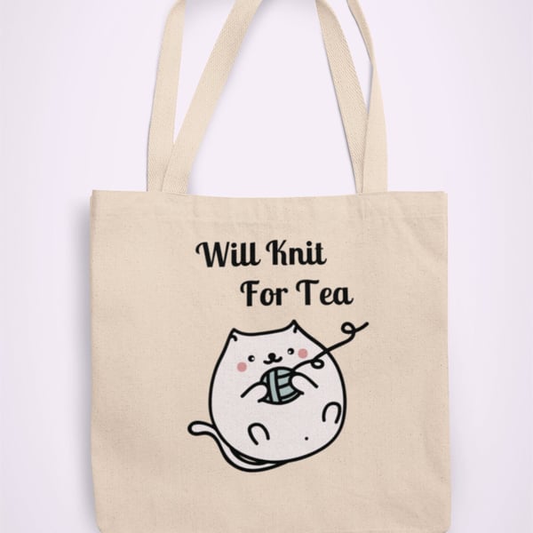 Will Knit for Tea Cat Tote Bag Reusable Cotton bag - funny birthday present gift