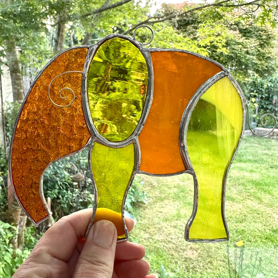 Stained Glass Elephant Suncatchers - Handmade Hanging Decoration - Orange  
