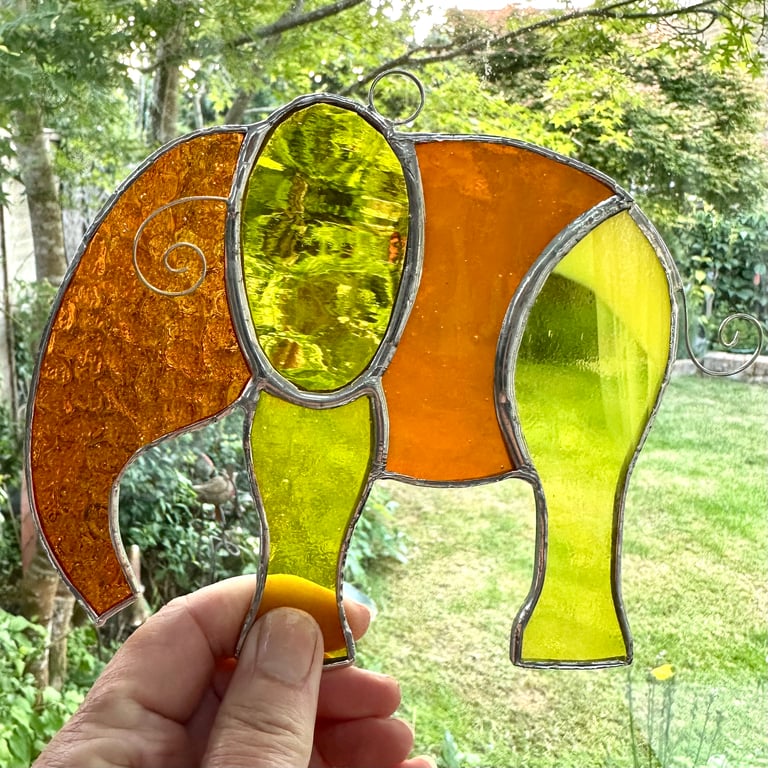 Stained Glass Elephant Suncatchers - Handmade Hanging Decoration - Orange  
