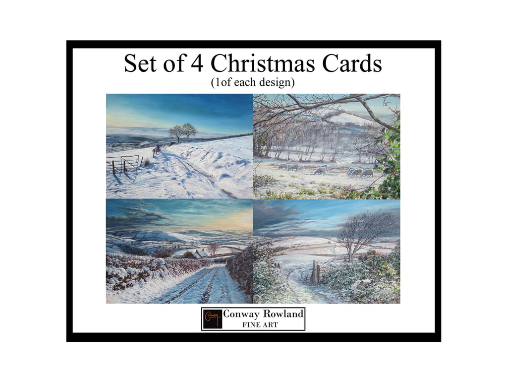SET of 4 Christmas Winter Landscape Art Cards-Snowy Welsh Countryside Scenes-7x5