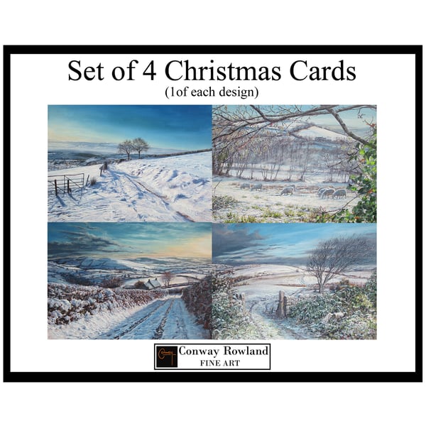 SET of 4 Christmas Winter Landscape Art Cards-Snowy Welsh Countryside Scenes-7x5