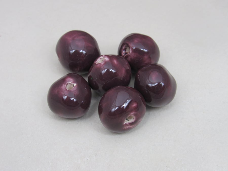 6 Medium Dark Purple Glazed Clay Beads