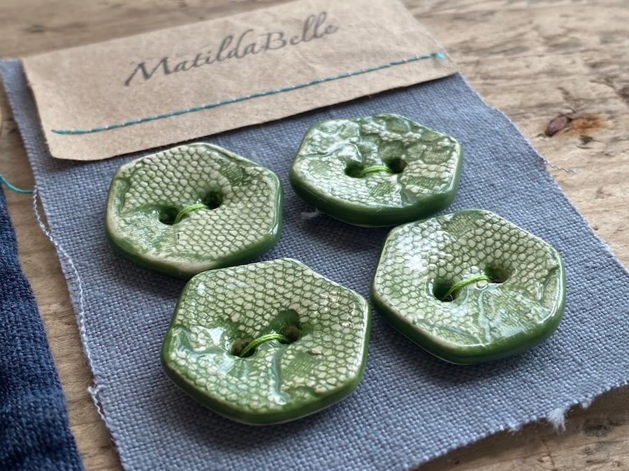 Buttons, handmade Ceramic Green Hexagon Buttons set of four