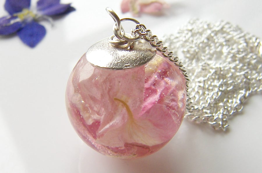 Larkspur Petal Pink Blossom Necklace, Resin Orb Globe