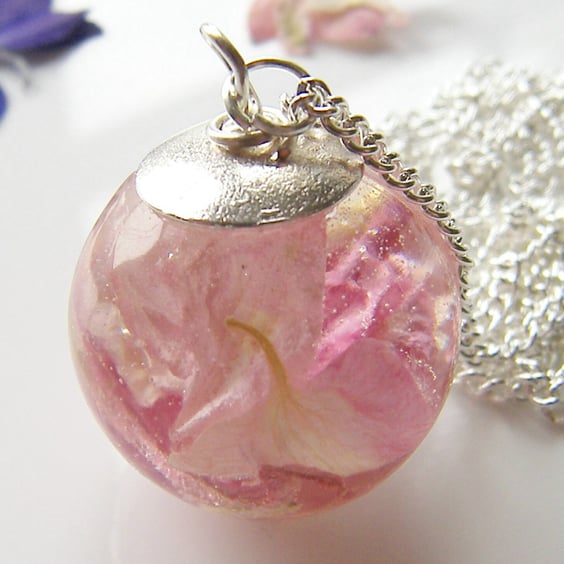 Larkspur Petal Pink Blossom Necklace, Resin Orb Globe