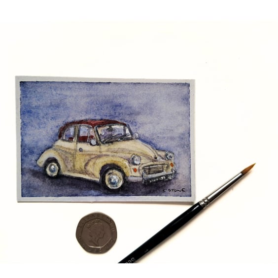 Original ACEO Miniature Watercolour Painting Classic Moggie Minor  Car