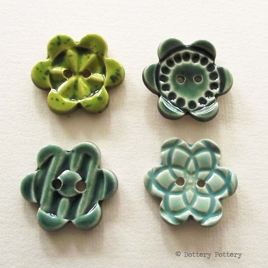 Set of four large flower ceramic buttons blues and greens