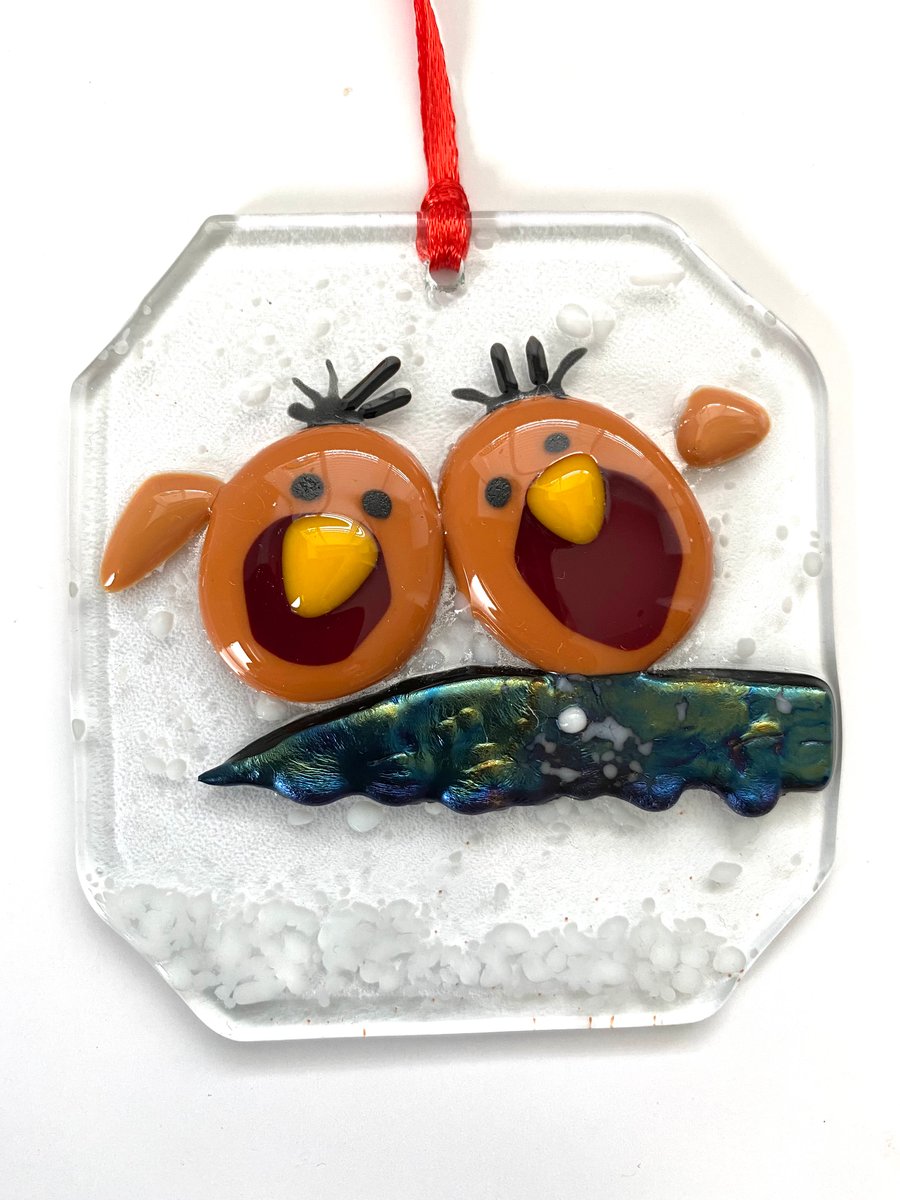 Hanging robins fused glass decoration