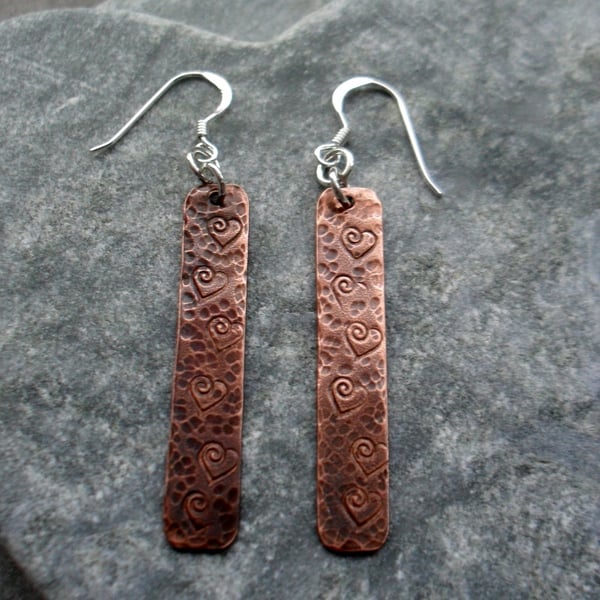 Oxidised Copper Drop Earrings With Heart Detail Sterling Silver Ear Wires
