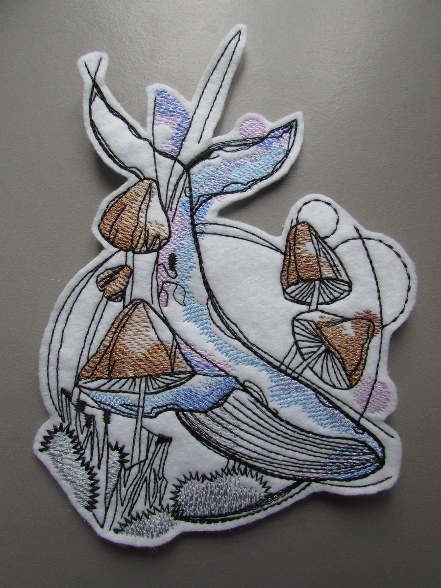 Whale with Forest Mushrooms Fungi Embroidered Sew on Applique Patch