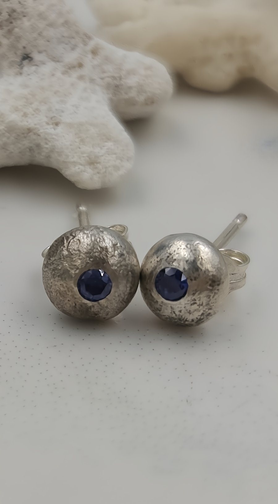 Molten Sterling Silver Stud Earrings with Blue Cubic Zirconia