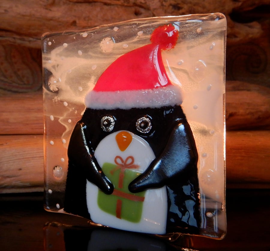Handmade Fused Glass 'Christmas Penguin' T Light Holder
