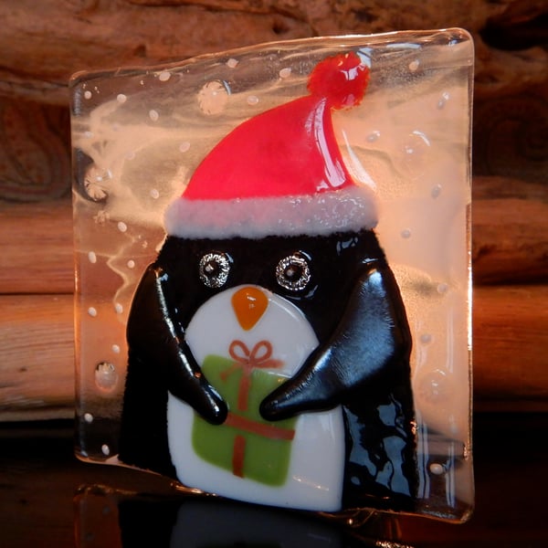 Handmade Fused Glass 'Christmas Penguin' T Light Holder