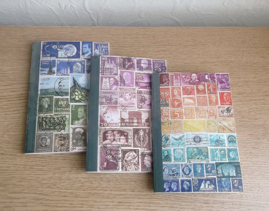 Set of 3 A6 Notebooks - Postage Stamp Art, choice of pages