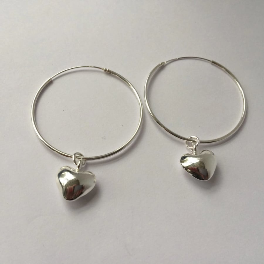 Hoop Earrings with Heart Charm Sterling Silver Dangle Earrings  Interchangeable