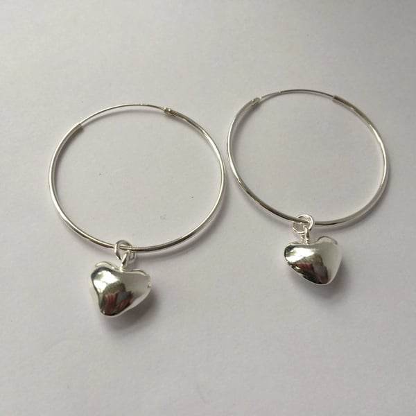 Hoop Earrings with Heart Charm Sterling Silver Dangle Earrings  Interchangeable