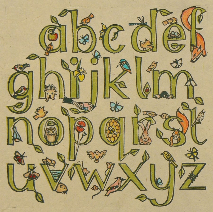 British Wildlife Alphabet linocut print