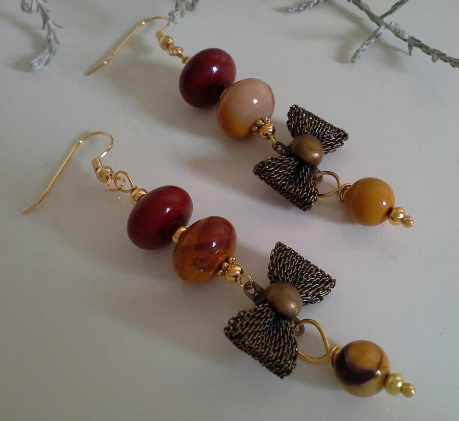 Mookite & Metal Mesh Gold Plated Dangle Earrings