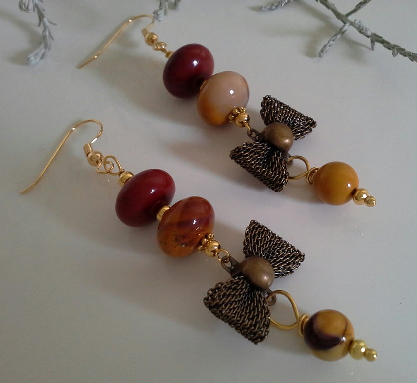 Mookite & Metal Mesh Gold Plated Dangle Earrings