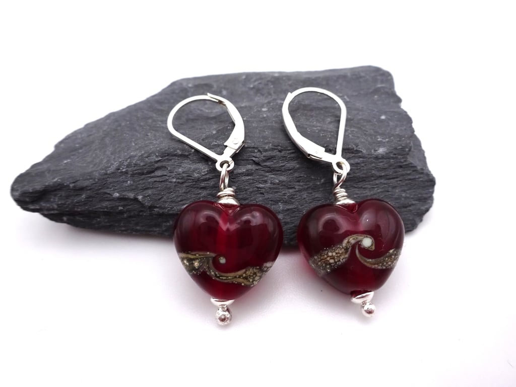 red heart lampwork glass earrings, sterling silver lever back