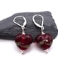 red heart lampwork glass earrings, sterling silver lever back