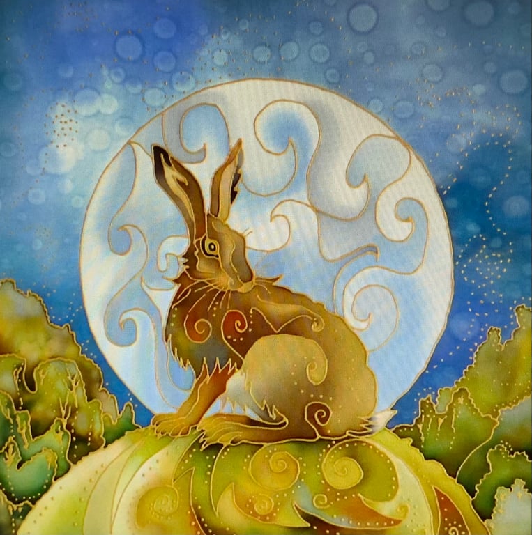 A painting of a Mystic Moon Hare. Original Hand Painted On Silk.Ostara Moon Hare