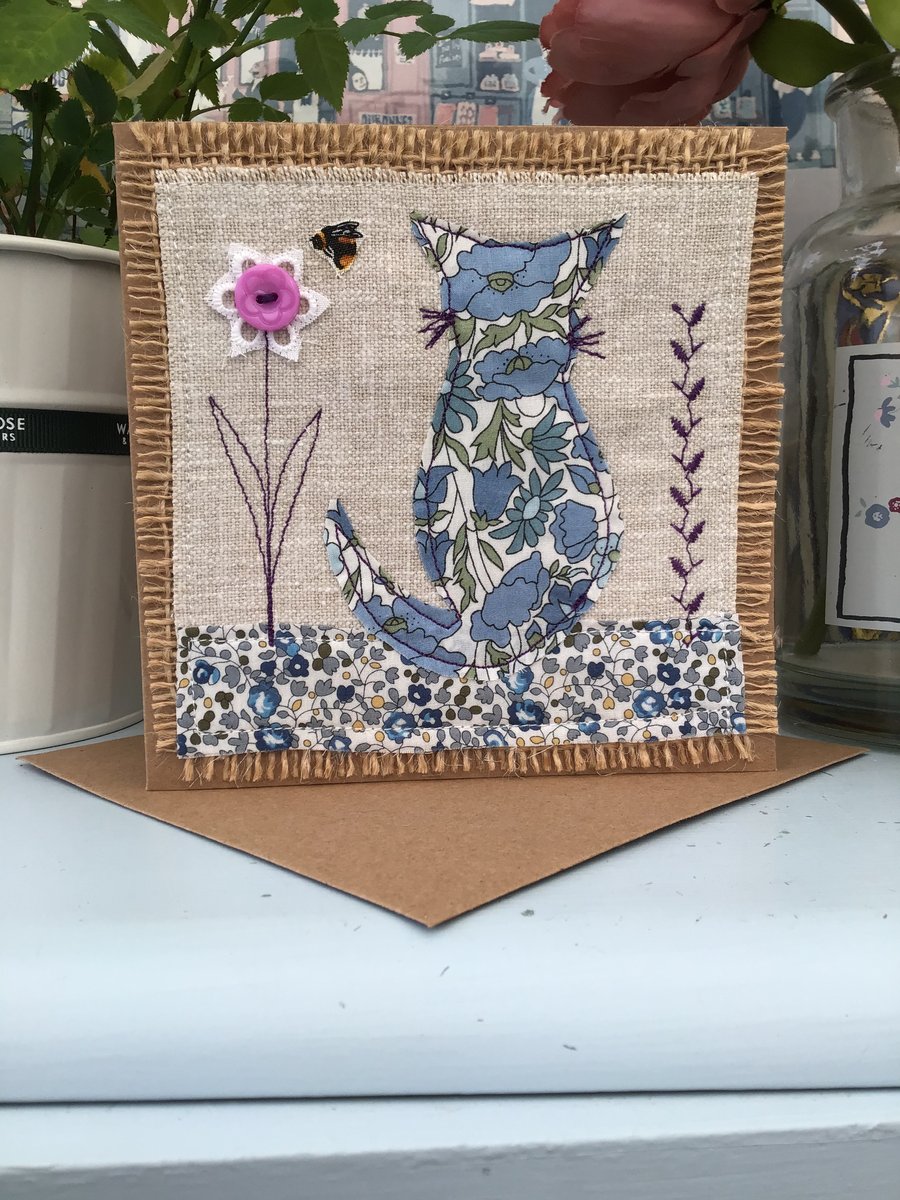 Liberty fabric cat card, birthday card female, cat lover card, friend cards. 