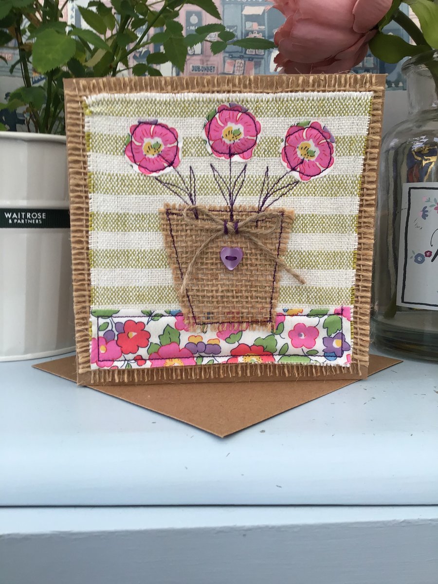 Floral embroidered card, liberty fabric birthday card, female friend card, 